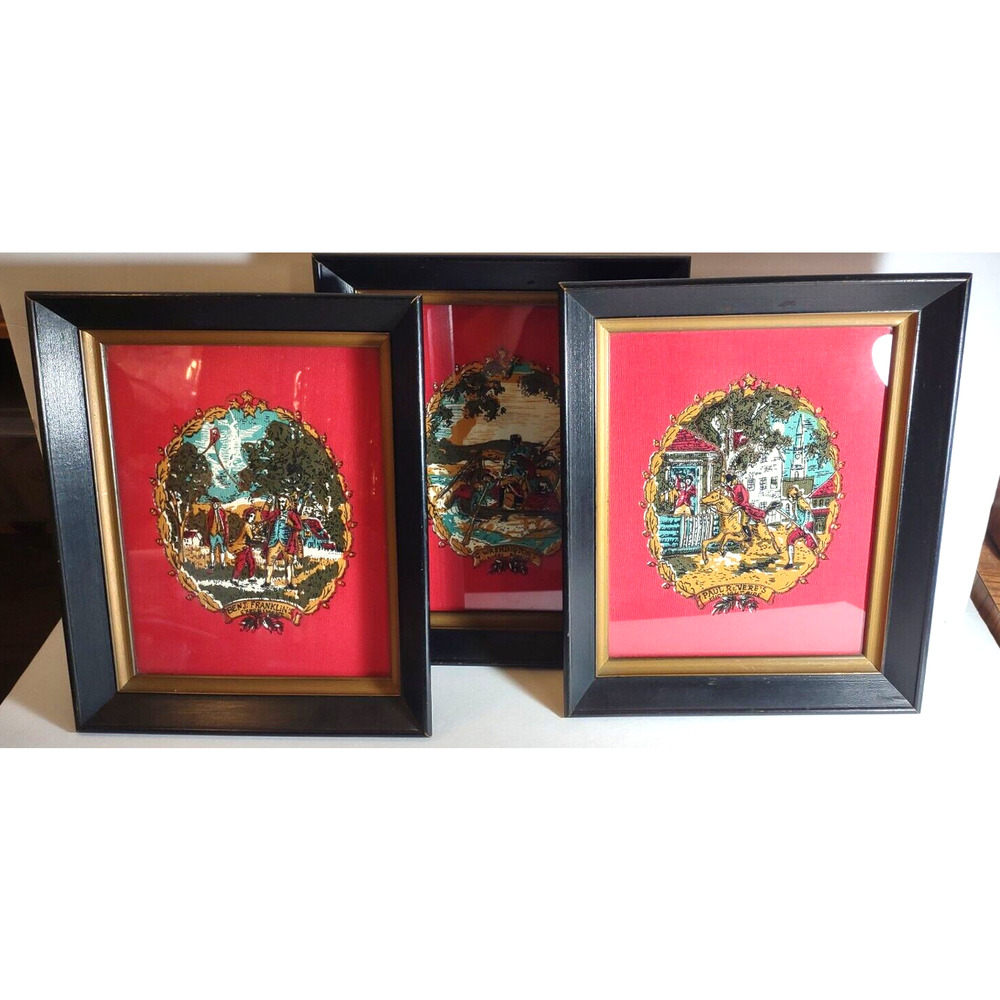 3 Vintage Fabric 3-D Retro Art Prints Paul Revere Ben Franklin George Washington